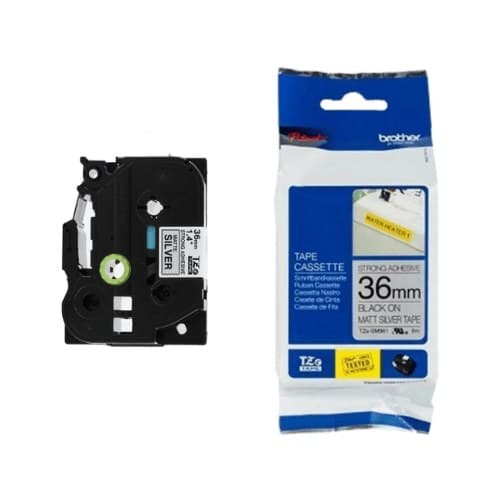 เทปพิมพ์อักษรแบบติดแน่นพิเศษ BROTHER TZE-SM961 ขนาด 36 มม. ดำ/เงิน  แบบเคลือบพลาสติก